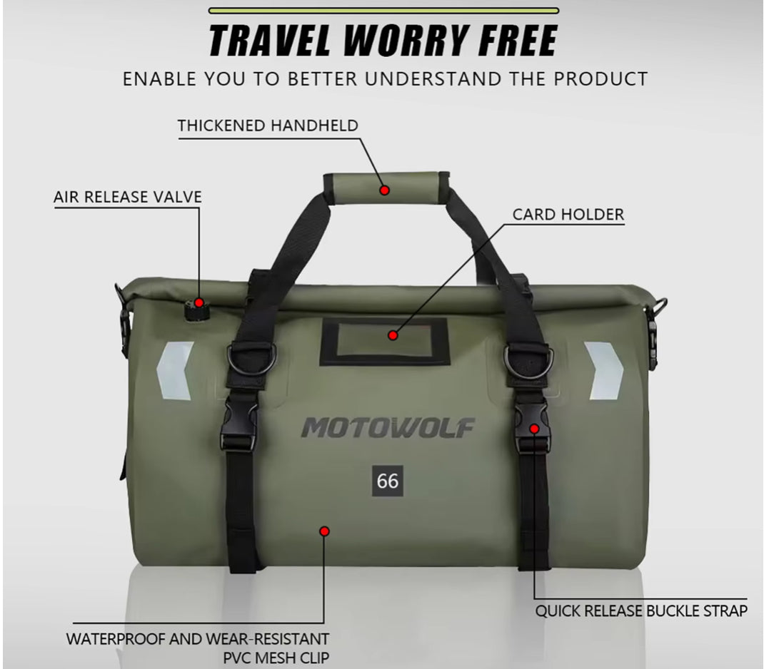 MotoWolf®️ WATERPROOF REAR MOUNT MOTORCYCLE DUFFLE BAG