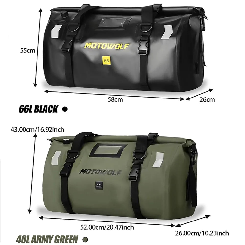 MotoWolf®️ WATERPROOF REAR MOUNT MOTORCYCLE DUFFLE BAG